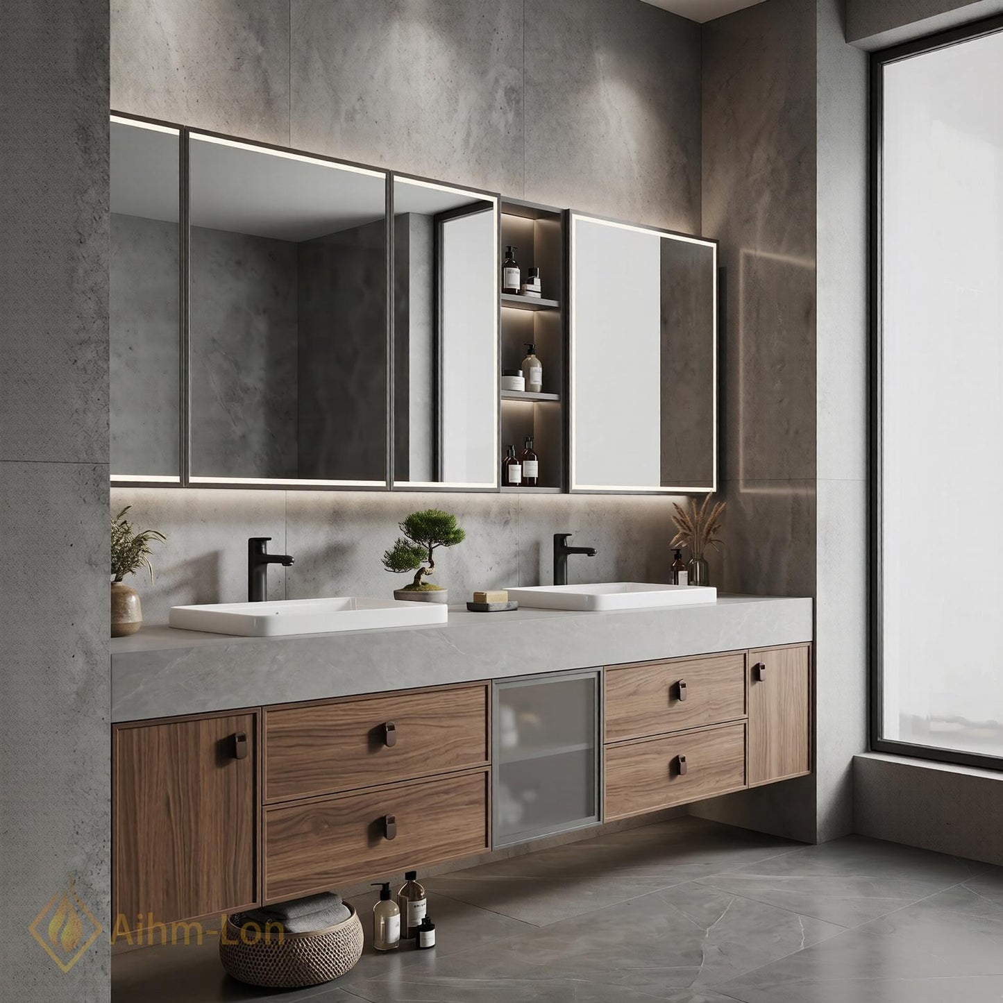 70''-96'' Modern Floating Bathroom Vanity with Sink Stone Top Glass-Door Sleek Storage