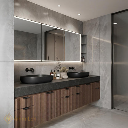 60''-96'' Double Bathroom Vanity with Sink Contemporary Floating Slatted Panels Dark Walnut