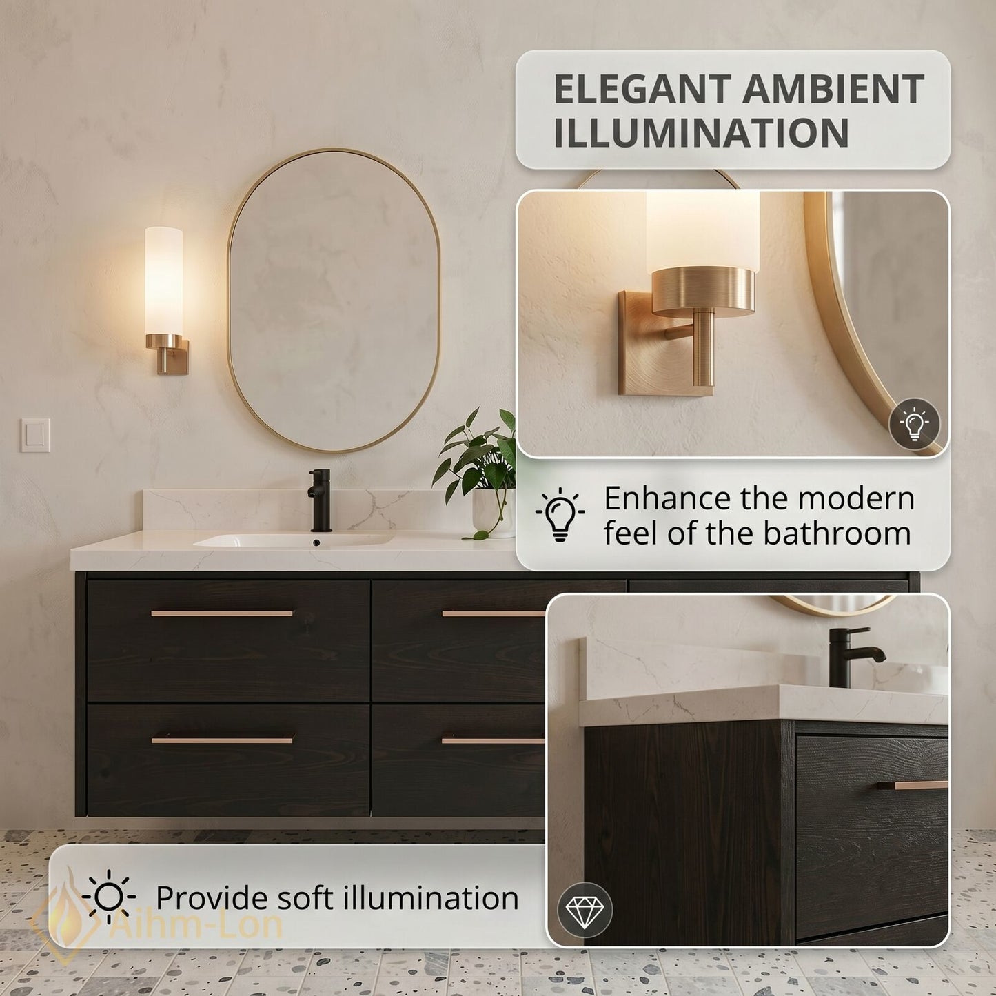 60''-96'' Modern Bathroom Vanity with Sink Floating Dark Wood Grain Anti-Fog Drawers