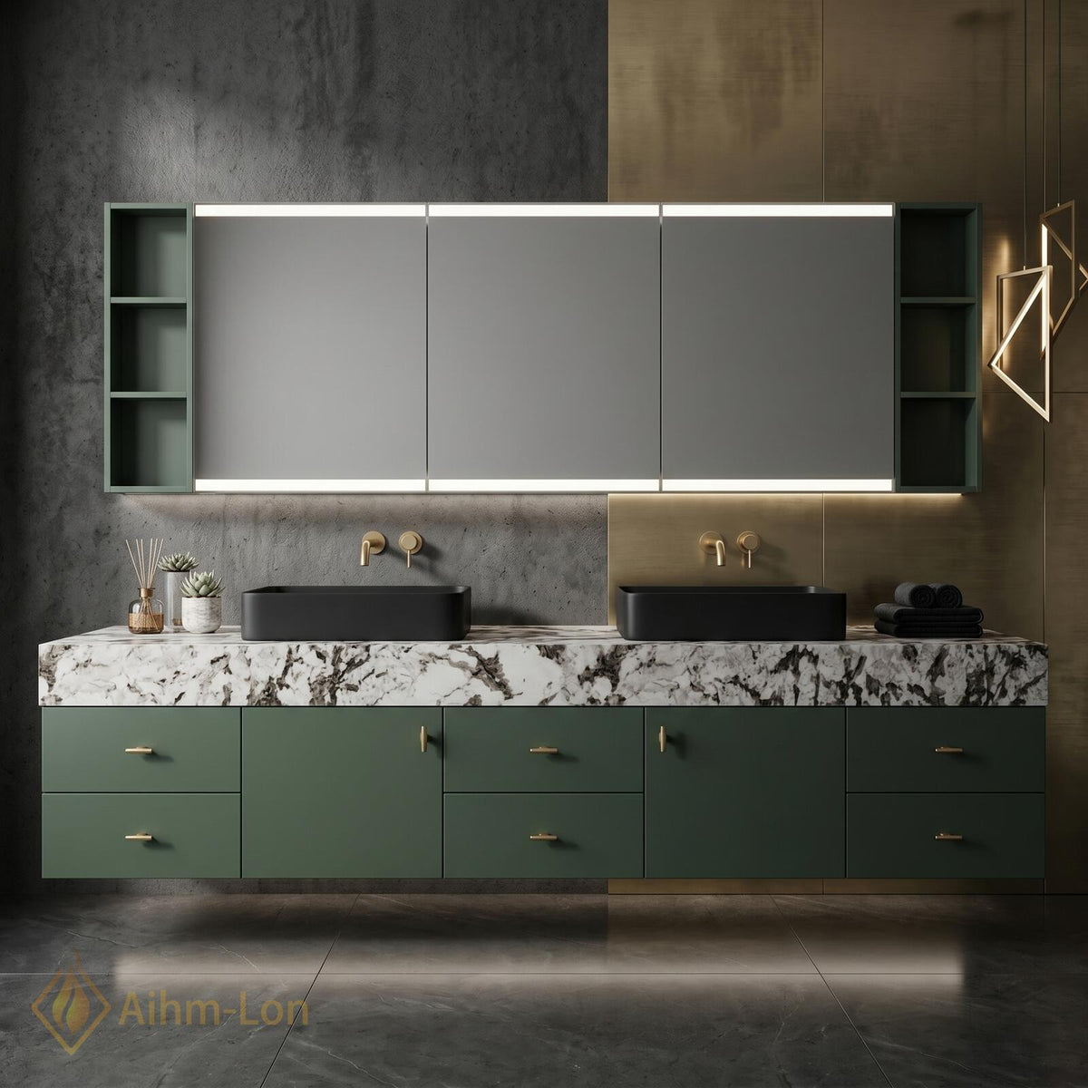60''-96'' Double Bathroom Vanity with Sink Dark Green Finish White Marble-Style Top