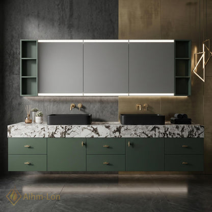 60''-96'' Double Bathroom Vanity with Sink Dark Green Finish White Marble-Style Top