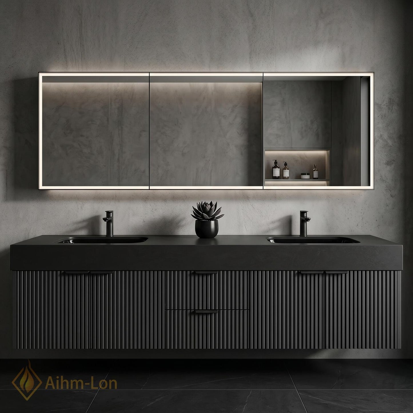 60''-96'' Double Bathroom Vanity with Sink Modern Floating Fluted Panel Matte Charcoal