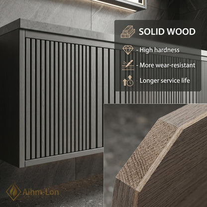 70''-96'' Double Bathroom Vanity with Sink Modern Ribbed Front Charcoal Finish Shelving