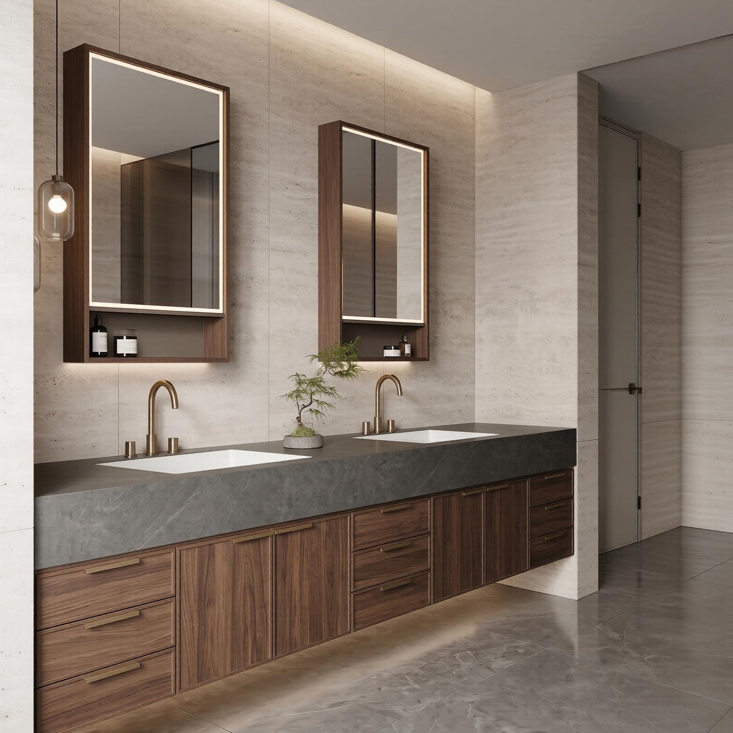 70''-96'' Modern Bathroom Vanity with Sink Double Sink Dark Stone Walnut Drawers Cabinet