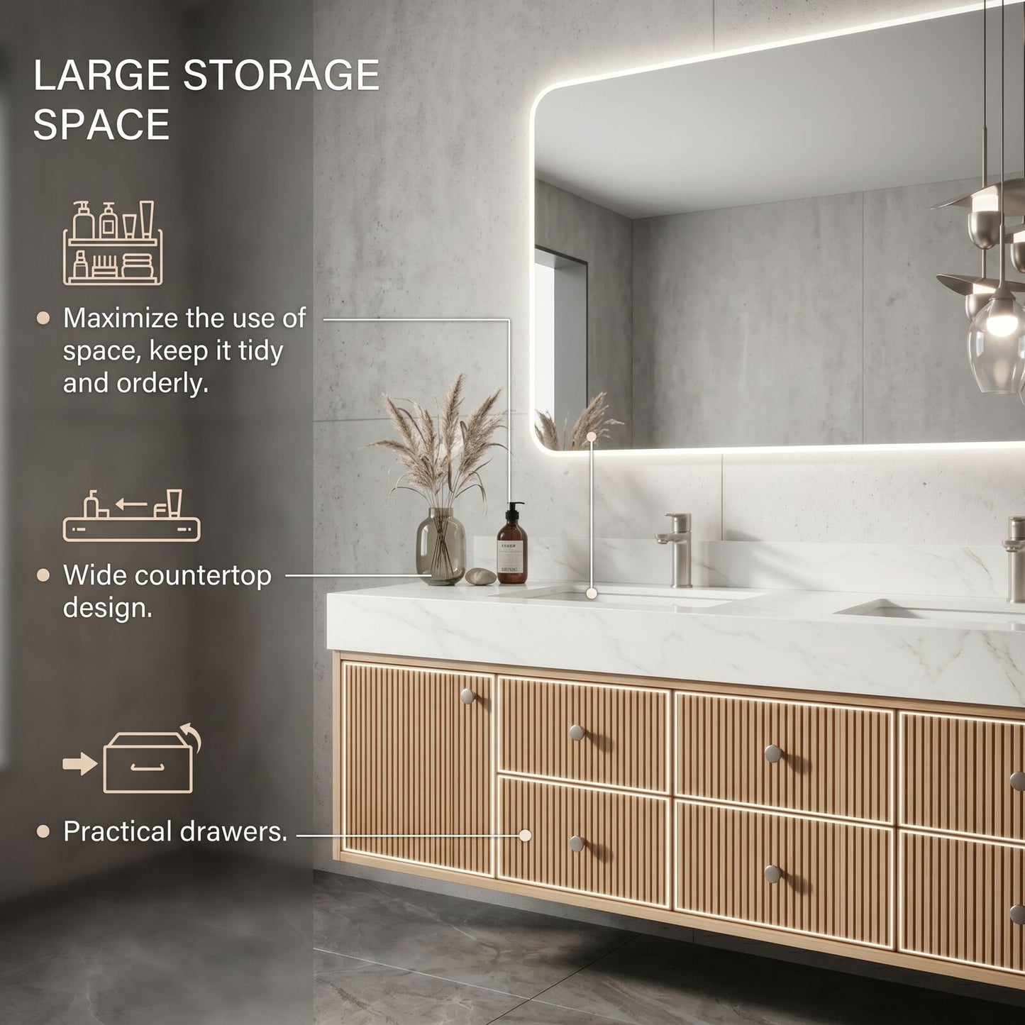 70''-96'' Modern Bathroom Vanity with Sink Vertical Slat Panels Rounded Corner Cabinet