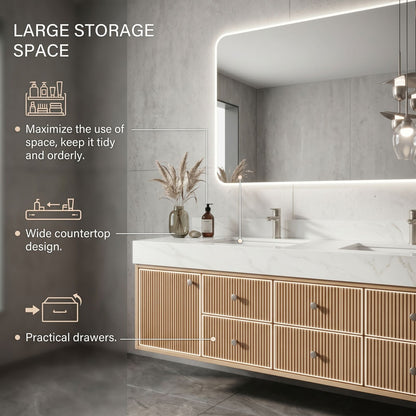 70''-96'' Modern Bathroom Vanity with Sink Vertical Slat Panels Rounded Corner Cabinet