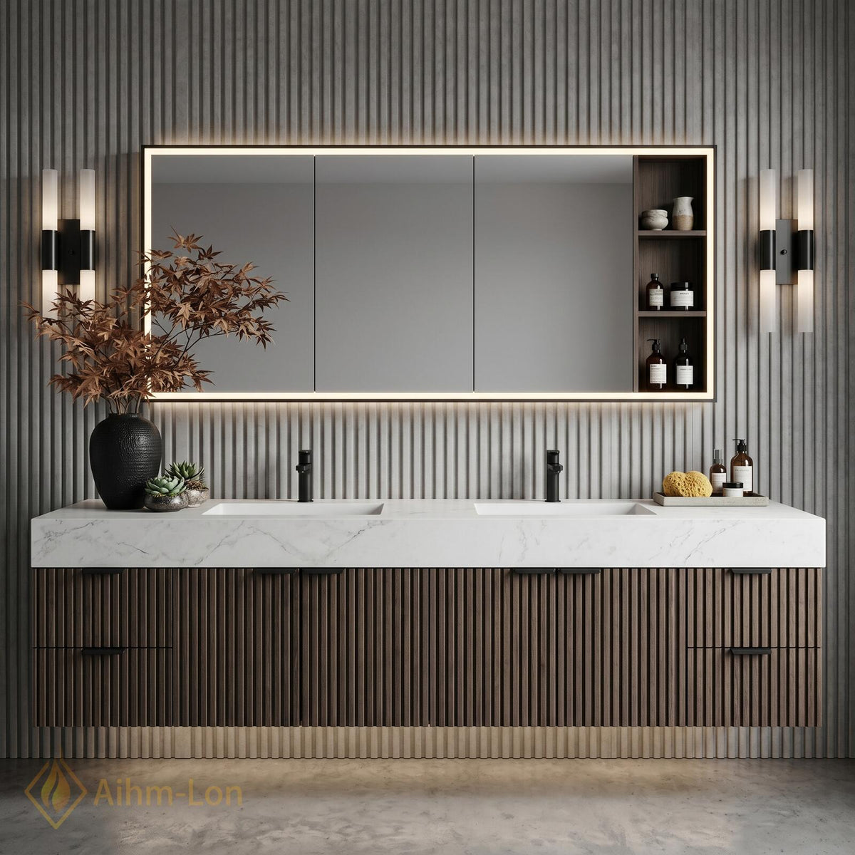 60''-96'' Double Bathroom Vanity with Sink Modern Floating Dark Walnut Slatted Storage