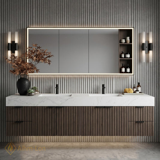 60''-96'' Double Bathroom Vanity with Sink Modern Floating Dark Walnut Slatted Storage