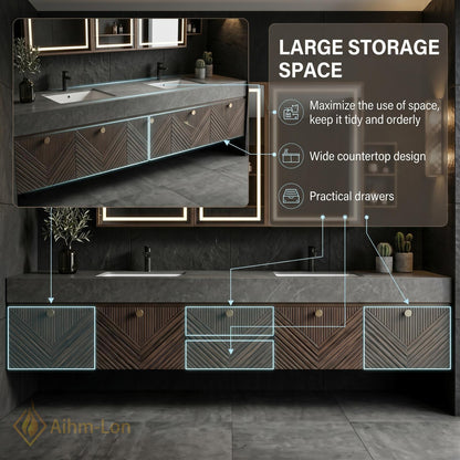 60''-96'' Double Bathroom Vanity with Sink Modern Floating Dark Walnut Finish Chevron