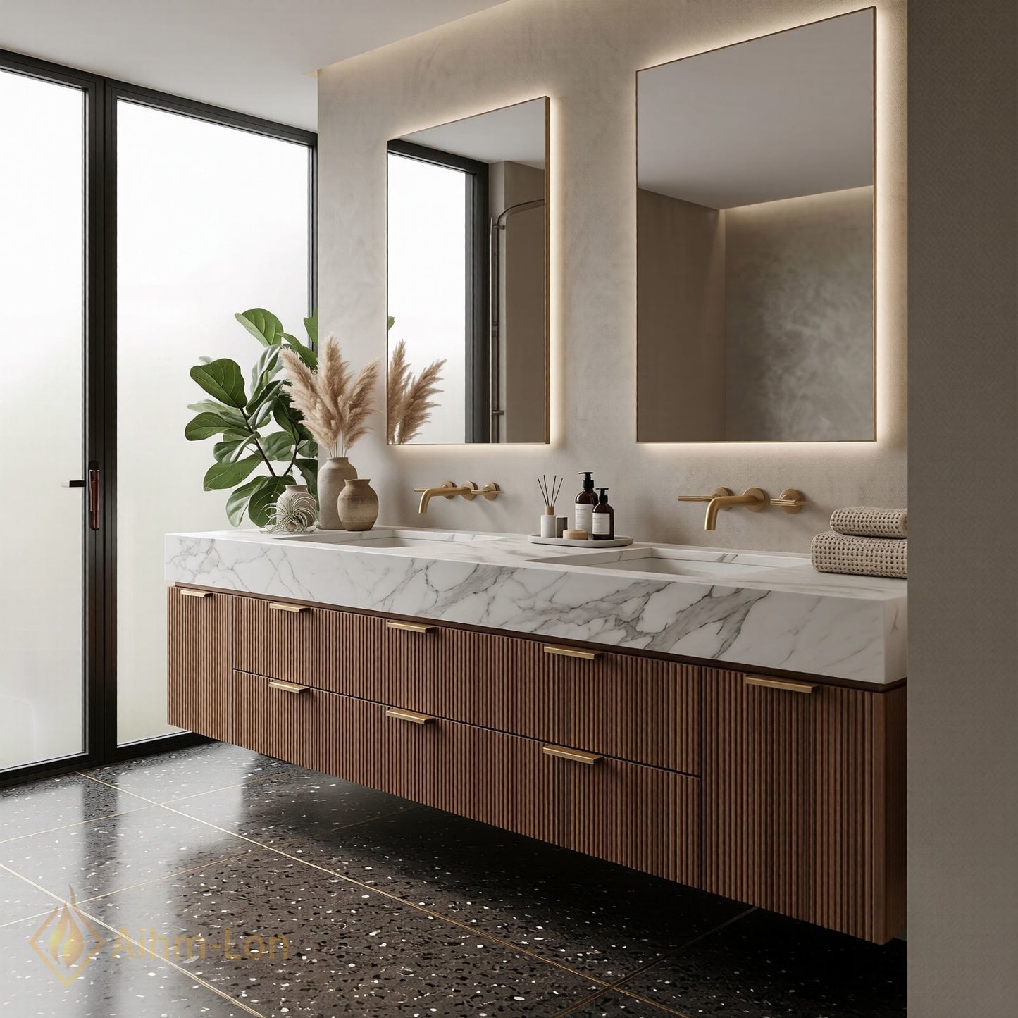 72''-96'' Double Bathroom Vanity with Sink Vertical Ribbed Panels Warm Wood Finish