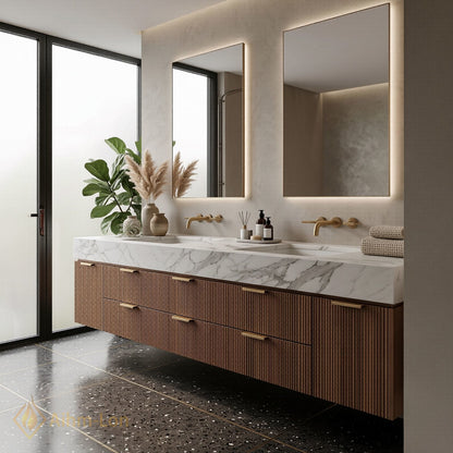 72''-96'' Double Bathroom Vanity with Sink Vertical Ribbed Panels Warm Wood Finish