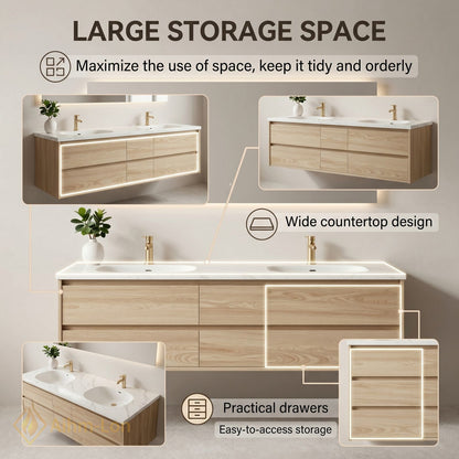 60''-96'' Modern Bathroom Vanity with Sink Marble Floating Wooden Grain Lighted Mirror