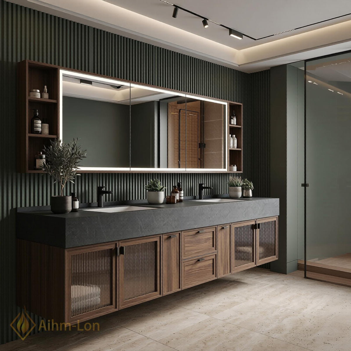 78''-96'' Double Bathroom Vanity with Sink Dark Stone Top Walnut Frame Stylish
