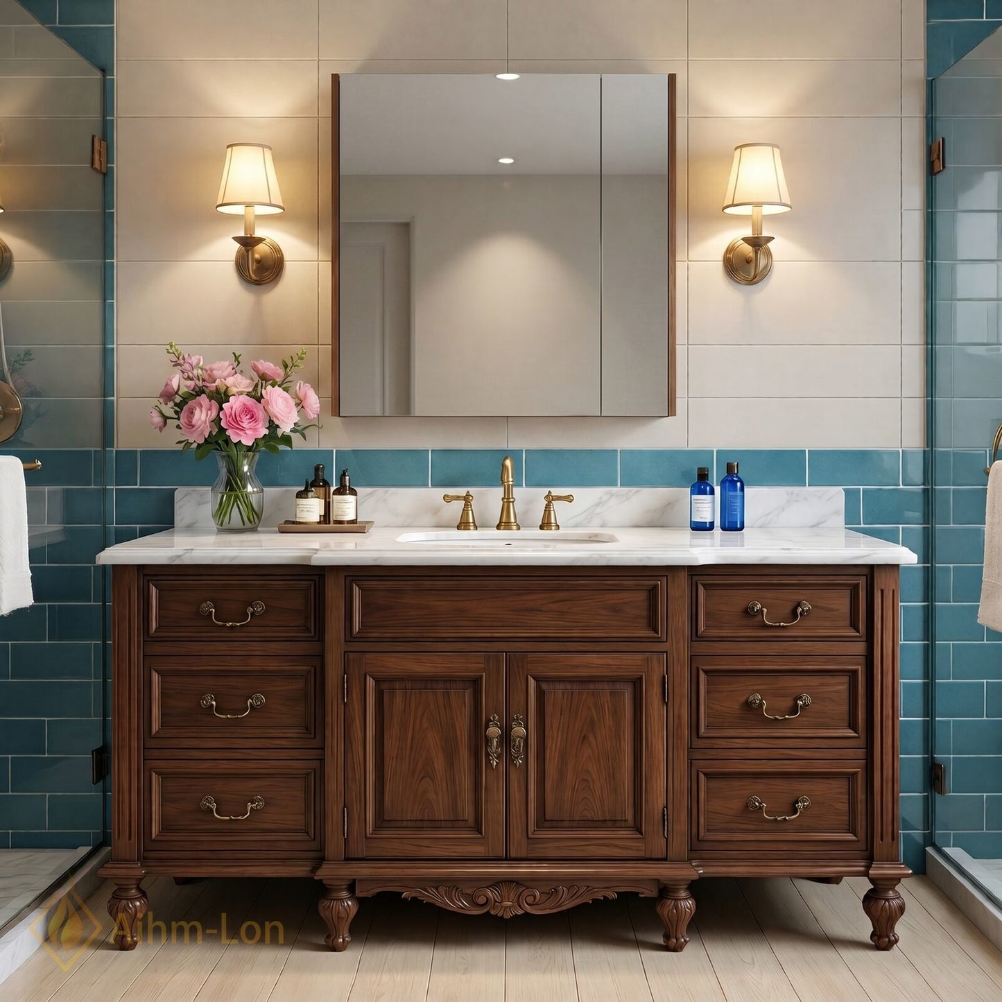 50''-64'' Elegant Bathroom Vanity with Sink Classic Carved Marble Drawers Wood Cabinet