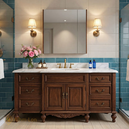 50''-64'' Elegant Bathroom Vanity with Sink Classic Carved Marble Drawers Wood Cabinet