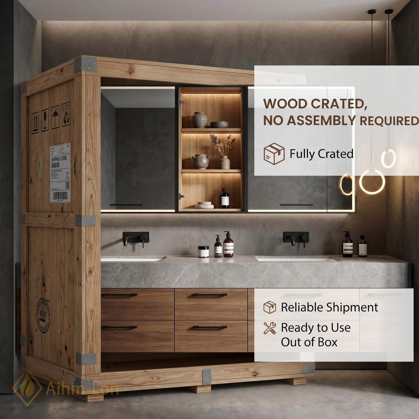 70''-96'' Double Bathroom Vanity with Sink Spacious Dark Wood Grain Marble-Style Top