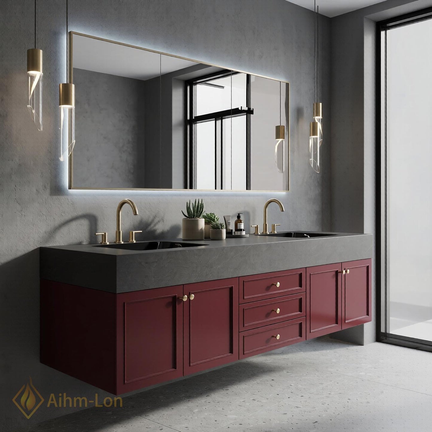 60''-96'' Modern Bathroom Vanity with Sink Floating Red Painted Undermount Drawers