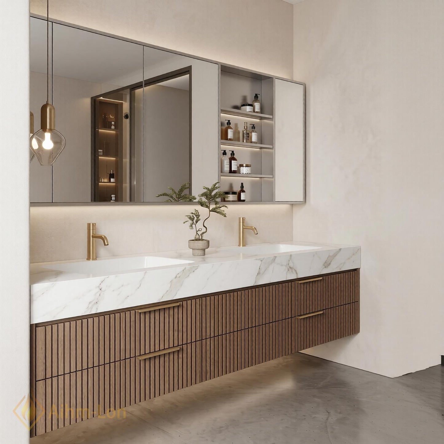 60''-96'' Double Bathroom Vanity with Sink Modern Floating Slatted Front Dark Walnut