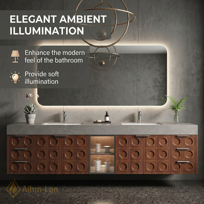 76''-96'' Double Bathroom Vanity with Sink Geometric Relief Doors Solid Wood Frame