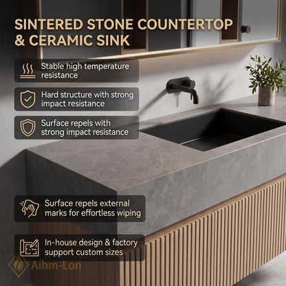 36''-110'' Double Bathroom Vanity with Sink Floating Slatted Front Grey Stone Top