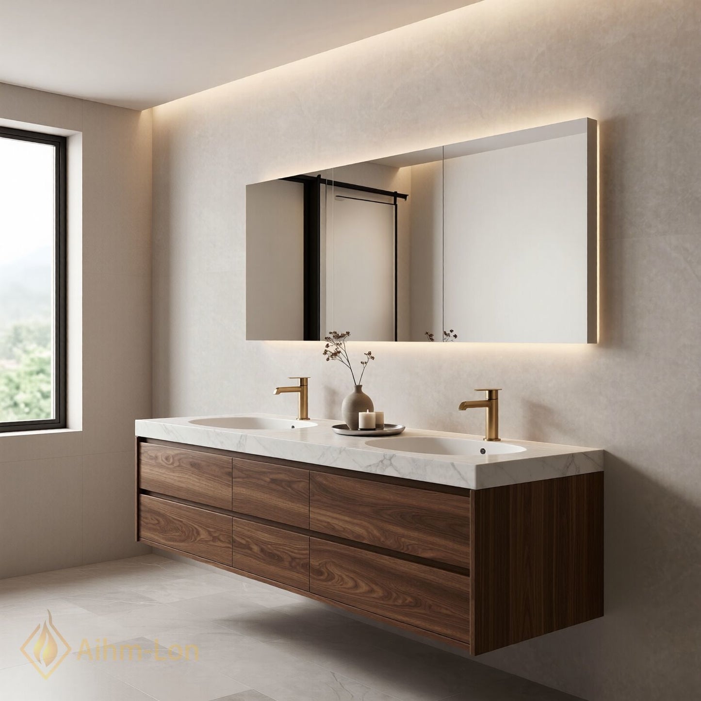 60''-96'' Modern Bathroom Vanity with Sink Marble Floating Storage Anti-Fog Mirror