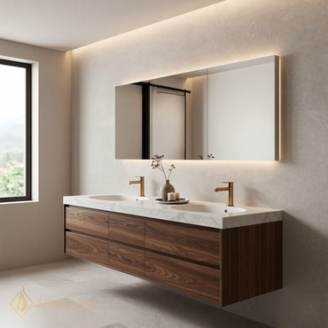 60''-96'' Modern Bathroom Vanity with Sink Marble Floating Storage Anti-Fog Mirror