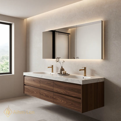 60''-96'' Modern Bathroom Vanity with Sink Marble Floating Storage Anti-Fog Mirror