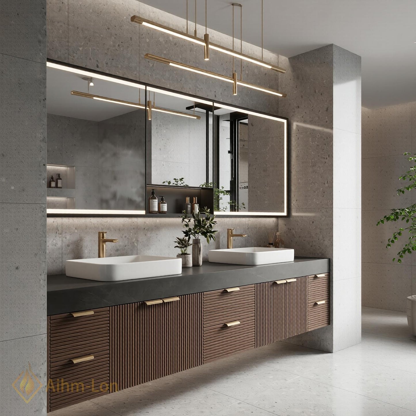 72''-96'' Double Bathroom Vanity with Sink Dark-Wood Modern Countertop Finish Vertical