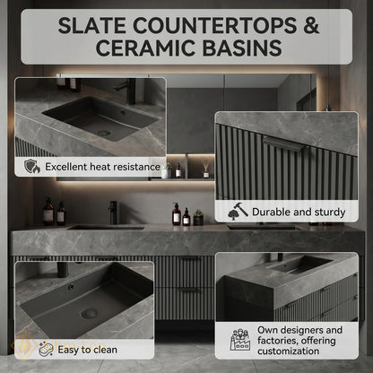 60''-96'' Double Bathroom Vanity with Sink Modern Floating Dark Grey Stone Look