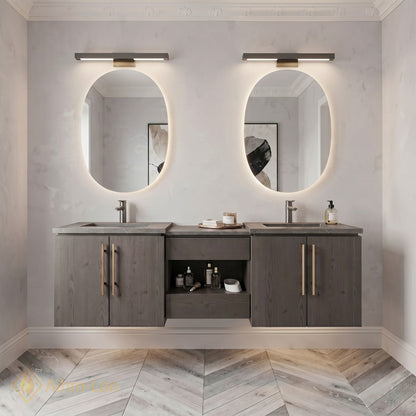 60''-96'' Modern Bathroom Vanity with Sink Wood Grain Oval Mirrors Open Center Storage