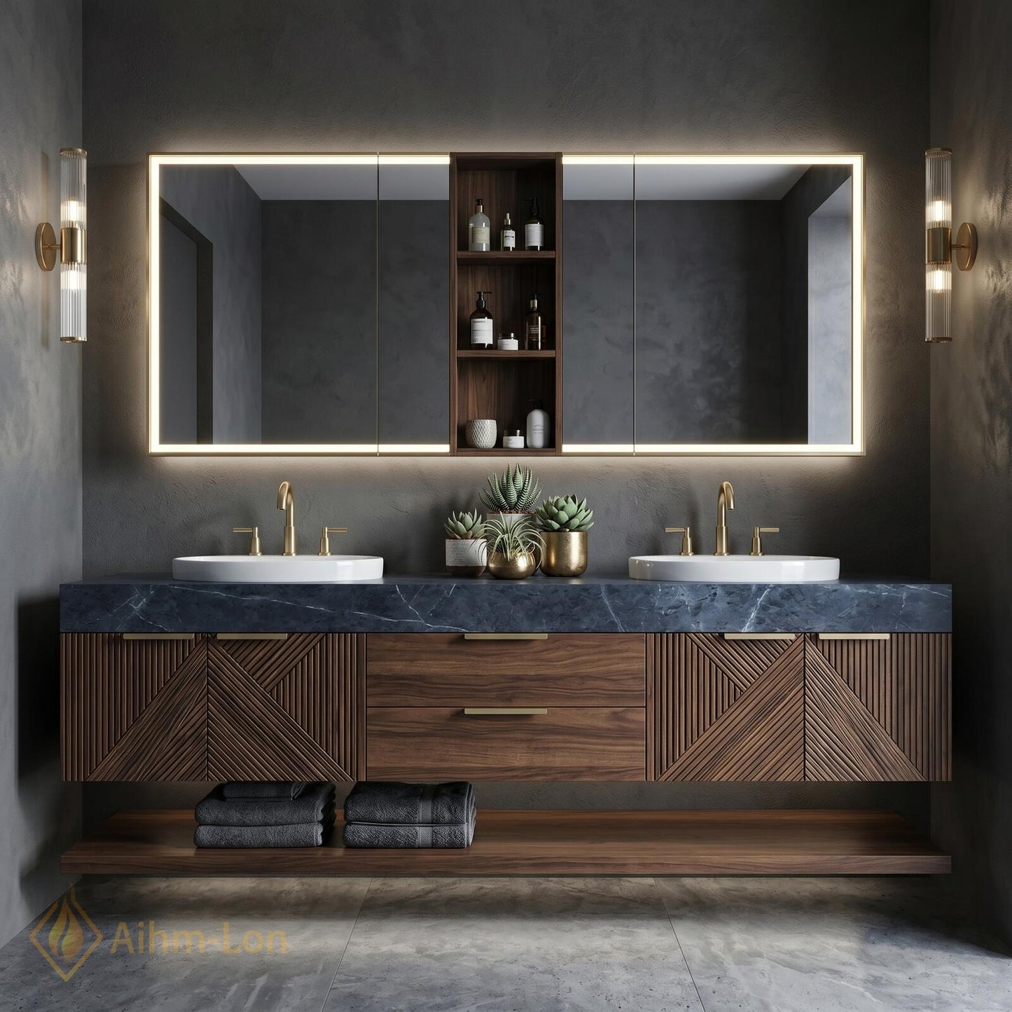 70''-96'' Double Bathroom Vanity with Sink Geometric Slatted Doors Rich Walnut Grain