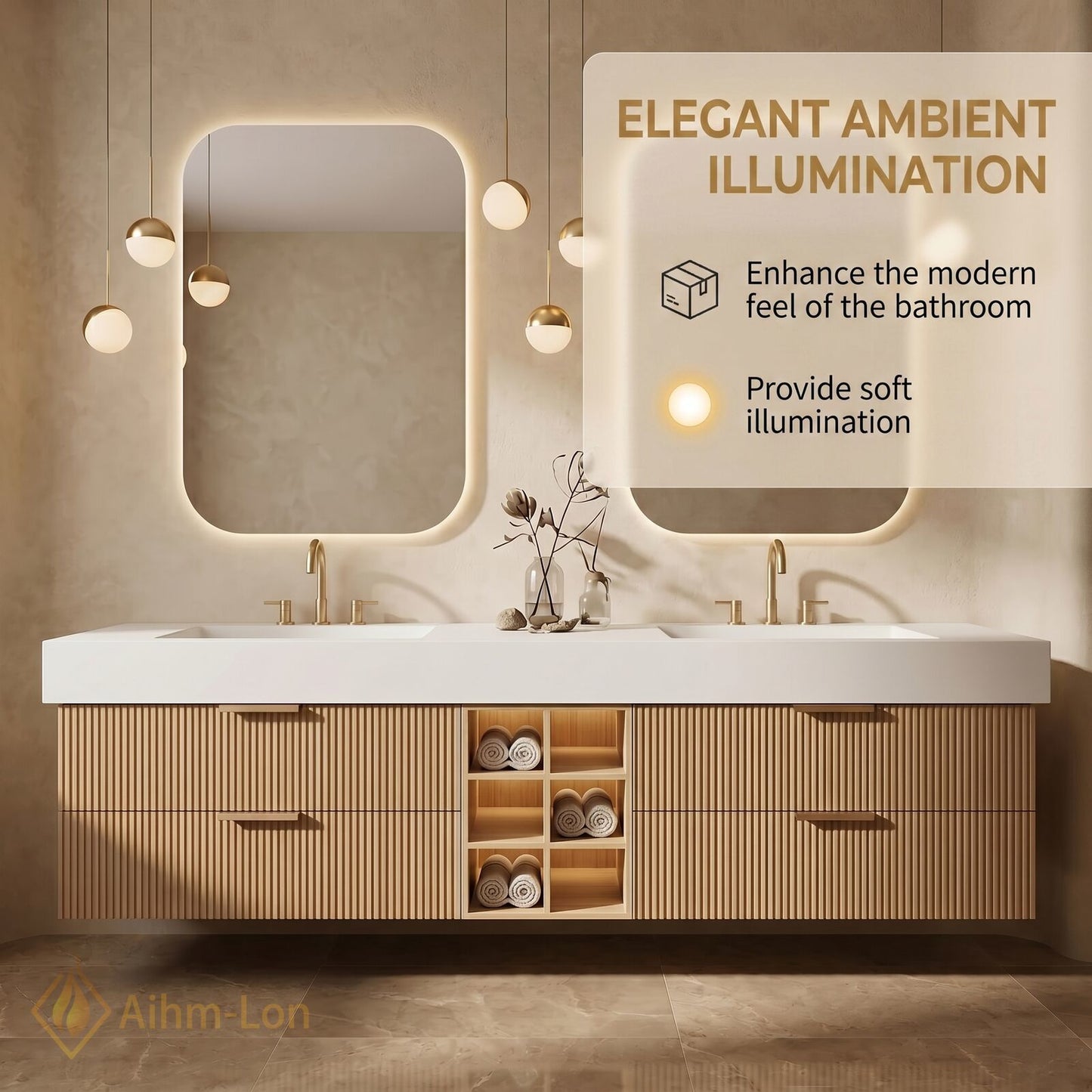 60''-96'' Double Bathroom Vanity with Sink Ribbed Wood Texture Front Open Shelving