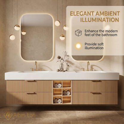 60''-96'' Double Bathroom Vanity with Sink Ribbed Wood Texture Front Open Shelving
