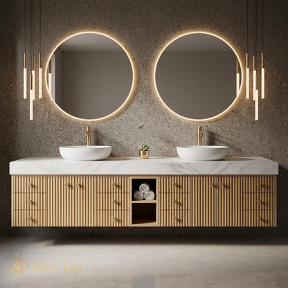 78''-96'' Double Bathroom Vanity with Sink Light-Wood Modern Floating Grain Slatted
