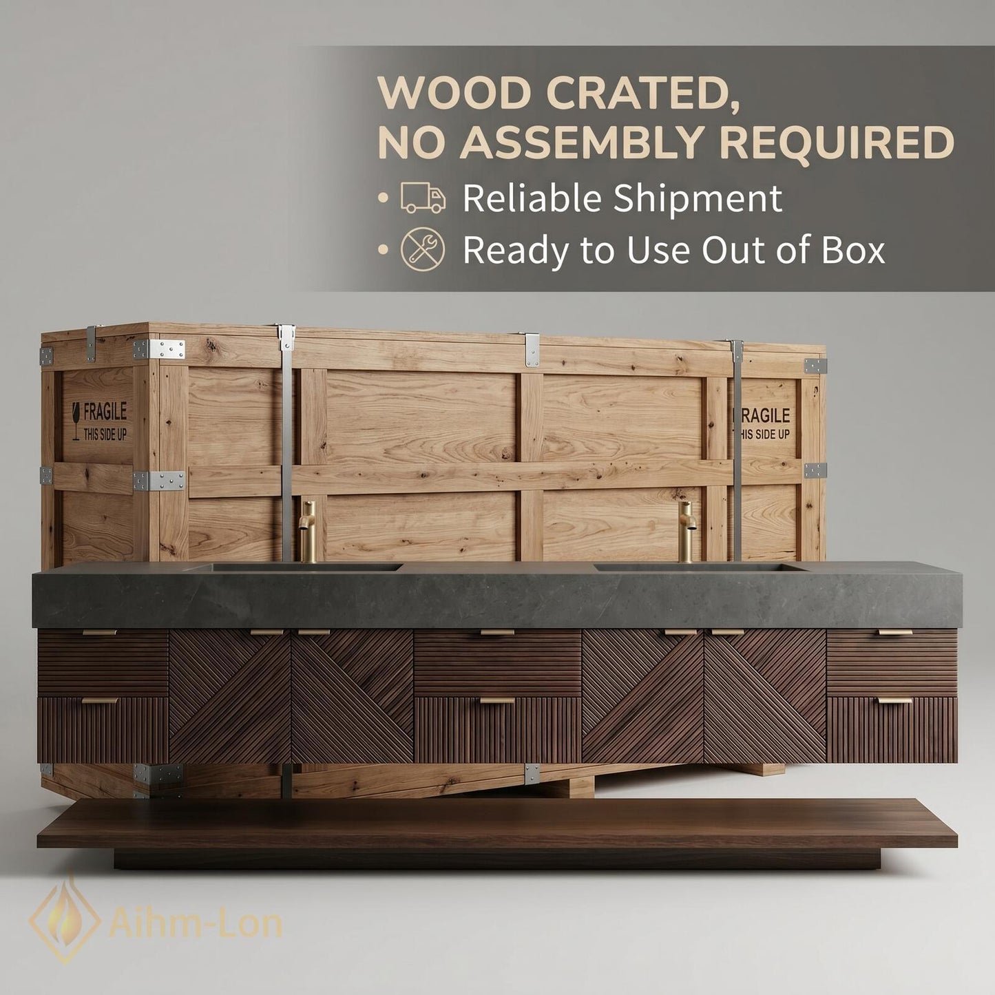 76''-96'' Modern Floating Bathroom Vanity with Sink Slatted Geometric Panels Wide Countertop