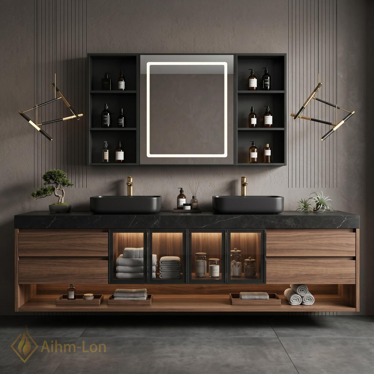 60''-96'' Double Bathroom Vanity with Sink Floating Dark Marble Top Wood Grain