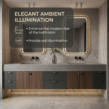 76''-96'' Double Bathroom Vanity with Sink Modern Wood-Grain Slatted Illuminated Anti Fog