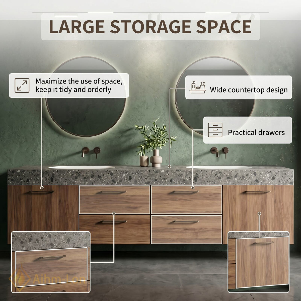 60''-96'' Double Bathroom Vanity with Sink Terrazzo Top Wood Grain Drawers
