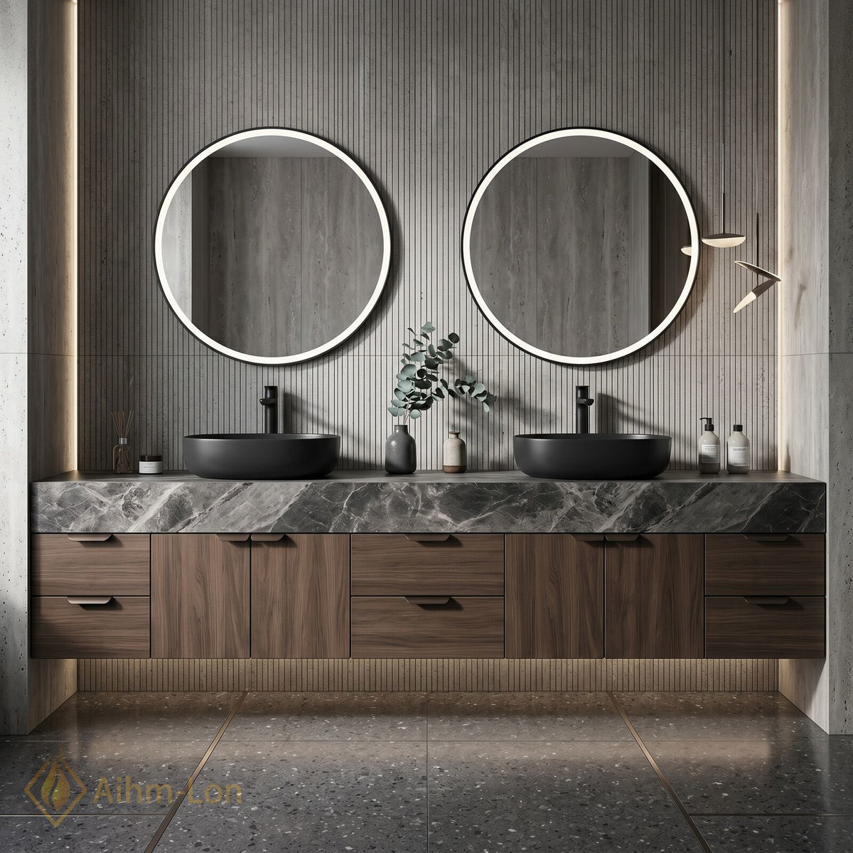60''-96'' Double Bathroom Vanity with Sink Dark Grey Marble Slatted Doors Drawers