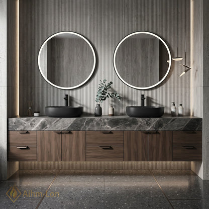 60''-96'' Double Bathroom Vanity with Sink Dark Grey Marble Slatted Doors Drawers
