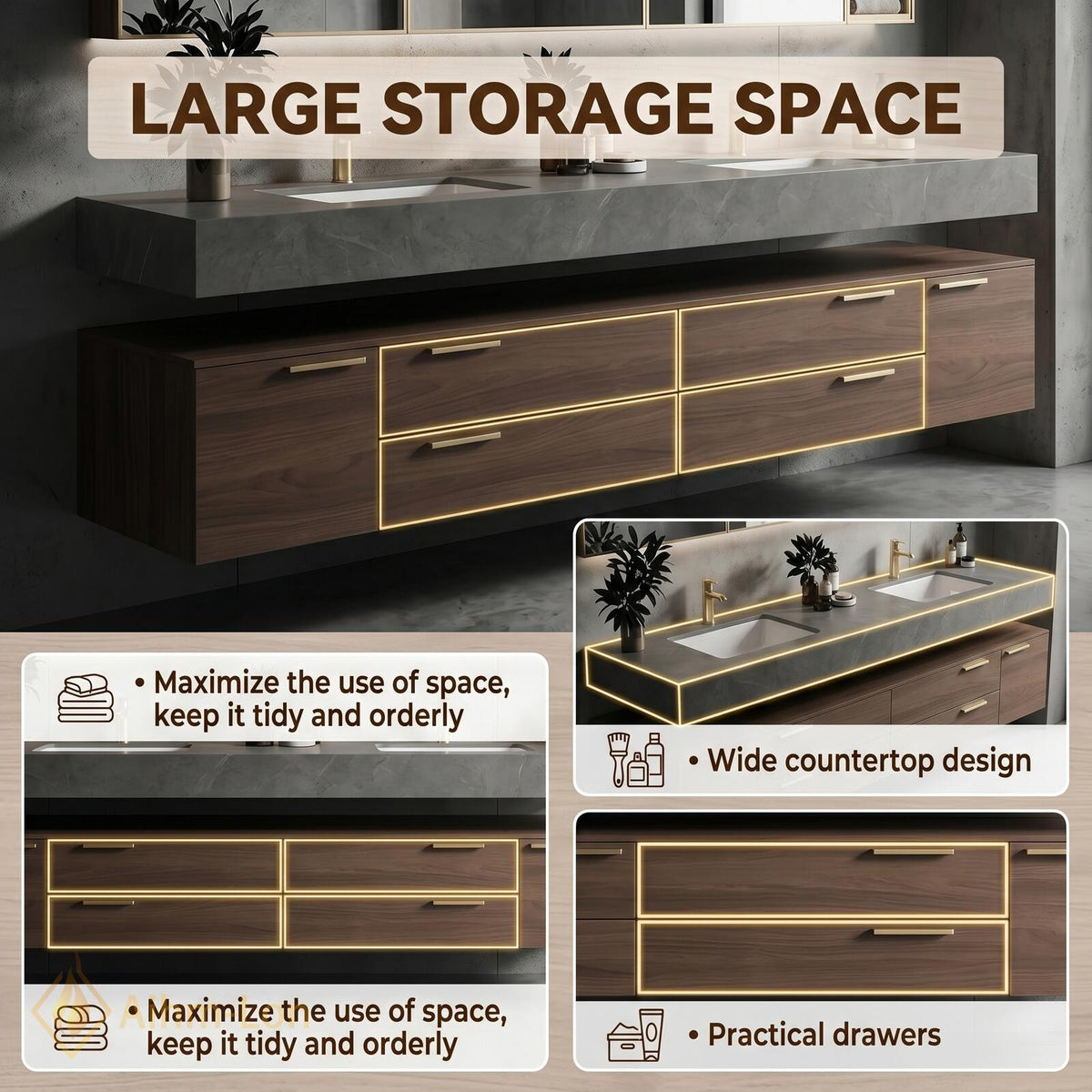 60''-96'' Double Bathroom Vanity with Sink Modern Slatted Center Dark Walnut Warm