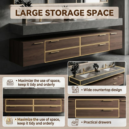 60''-96'' Double Bathroom Vanity with Sink Modern Slatted Center Dark Walnut Warm