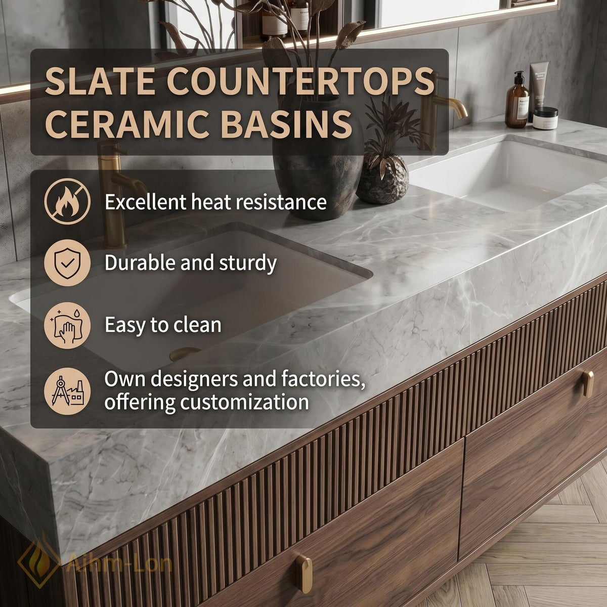 60''-96'' Double Bathroom Vanity with Sink Modern Floating Slatted Front Marble-Look Top