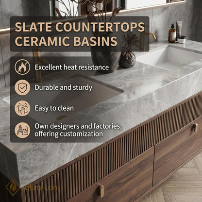 60''-96'' Double Bathroom Vanity with Sink Modern Floating Slatted Front Marble-Look Top