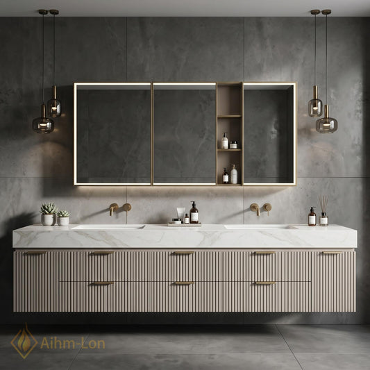 76''-96'' Bathroom Vanity with Sink Vertical Slatted White Marble Slatted Front Double
