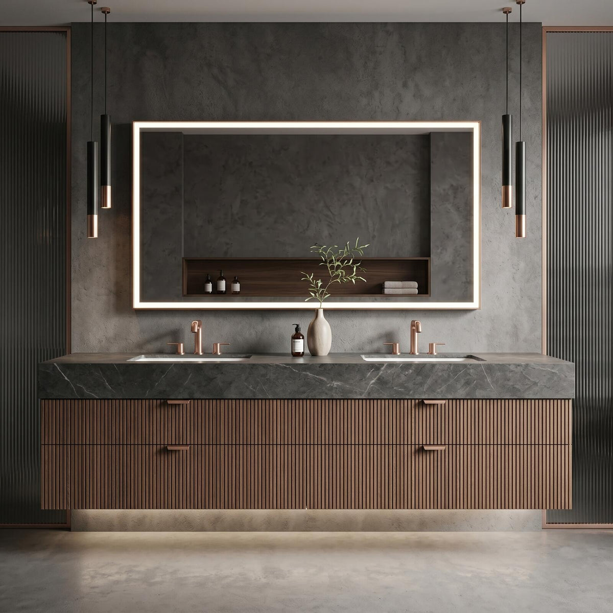 60''-96'' Double Bathroom Vanity with Sink Modern Floating Dark Wood Slatted Front Drawers