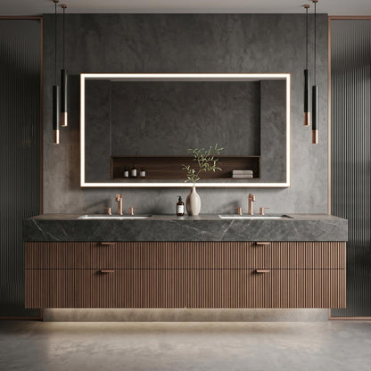 60''-96'' Double Bathroom Vanity with Sink Modern Floating Dark Wood Slatted Front Drawers