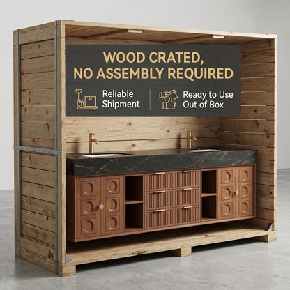 60''-96'' Double Bathroom Vanity with Sink Modern Floating Dark Wood Slatted Center Panel