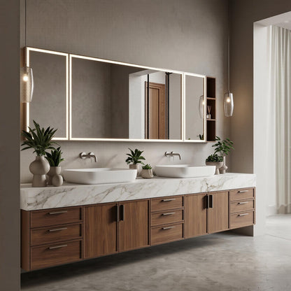 70''-96'' Modern Bathroom Vanity with Sink Double Sink White Marble Dark Walnut Cabinet