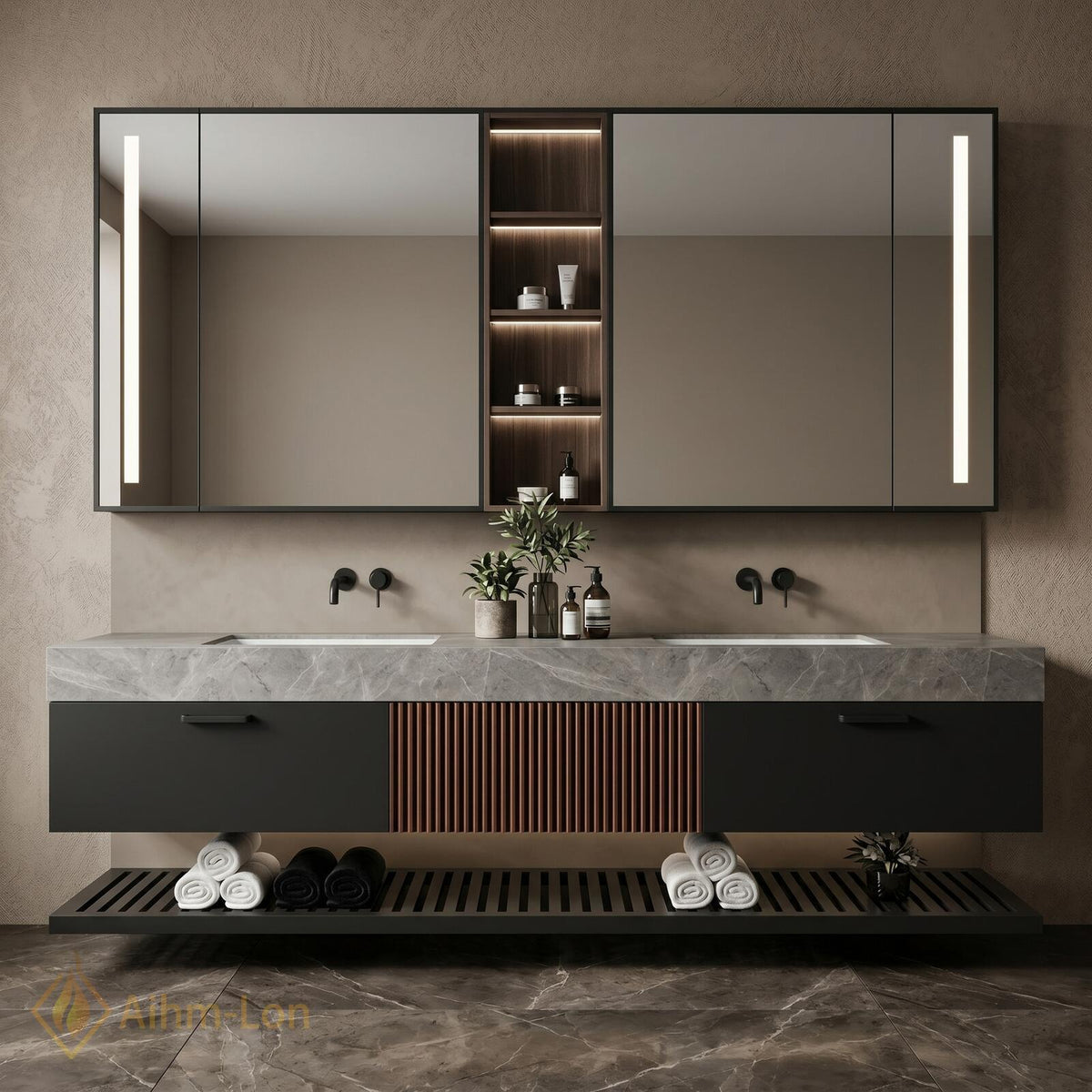 60''-96'' Double Bathroom Vanity with Sink Modern Floating Dark Grey Finish Slatted
